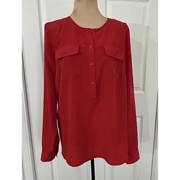 LOFT Long Sleeve Henley Utility Blouse Top Red Womens Size S - Picture 1 of 7